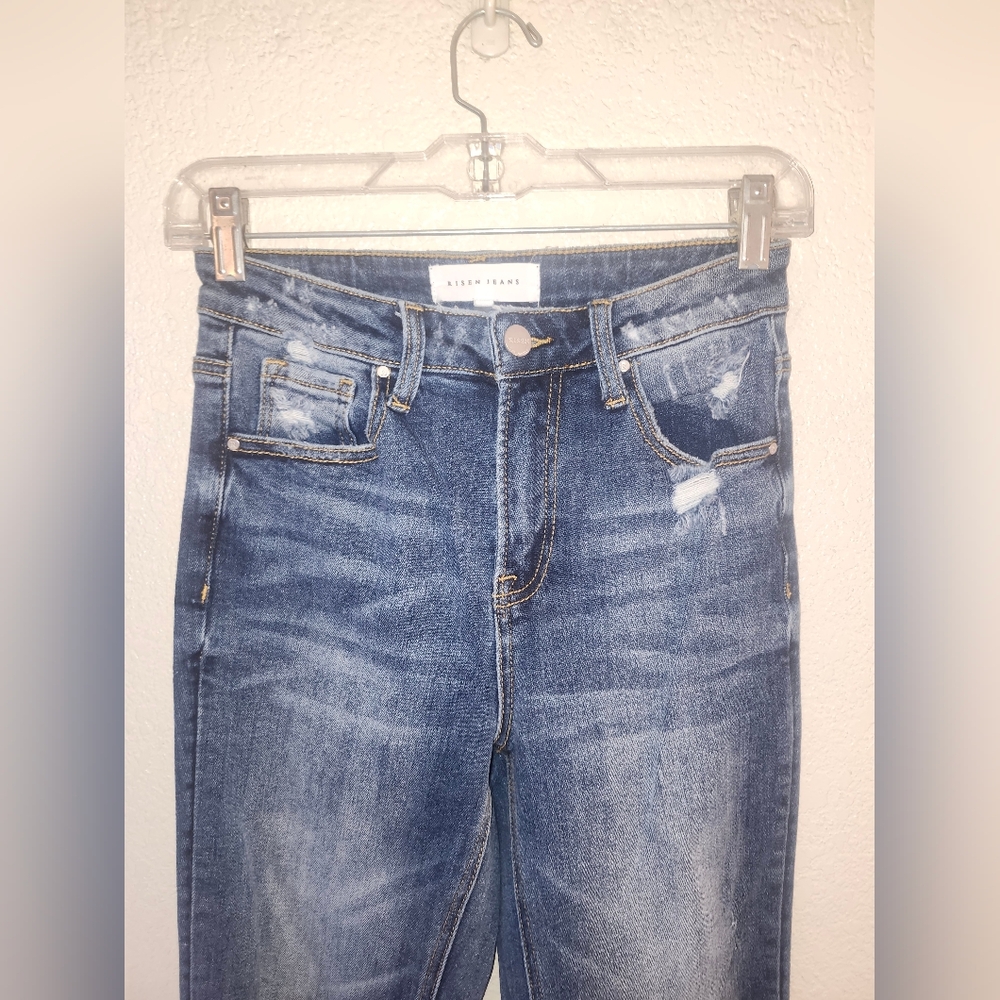 👖NWOT Risen "Vent High Rise Split Flare Jeans w/Distressing" Dark Denim Sz 3/26 - Picture 7 of 14